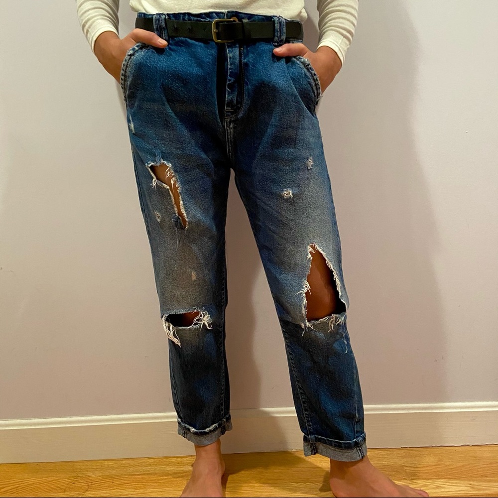 Zara Dark Blue Cuffed Ripped Jeans